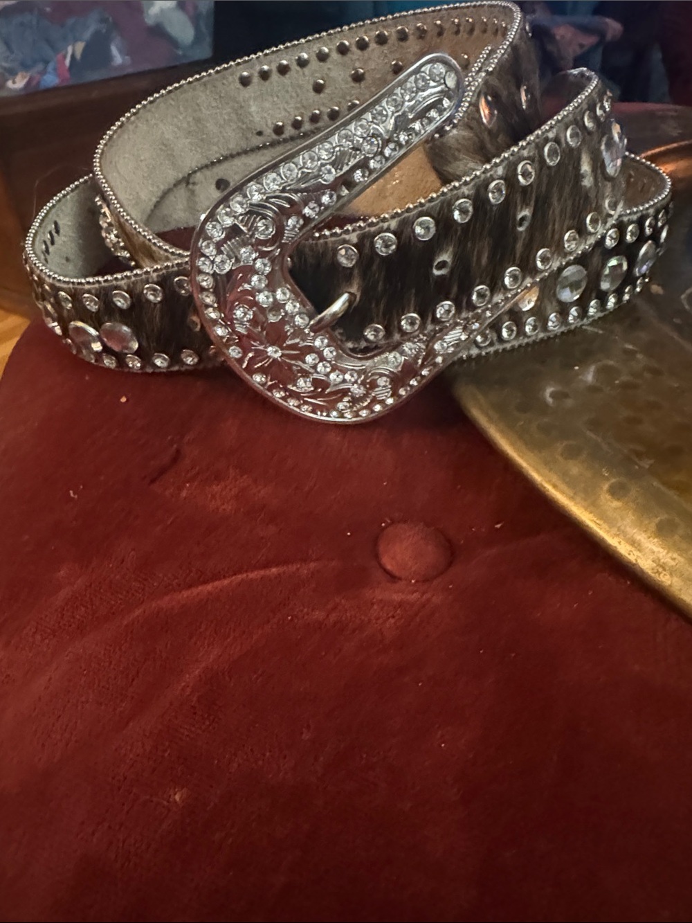 Nocona Brown Hair-on-Hide Western Belt with Silver Rhinestone Buckle